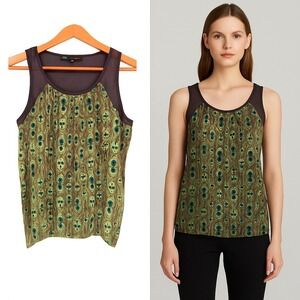 vfish 100% Silk Peacock Feather Print Tank‎ Top Blouse Green Blue XS